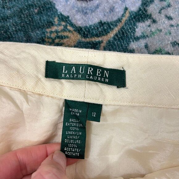 Lauren Ralph Lauren Pants Women 12 Cream Yellow 100% Linen Wide Leg Cropped High - Picture 3 of 13